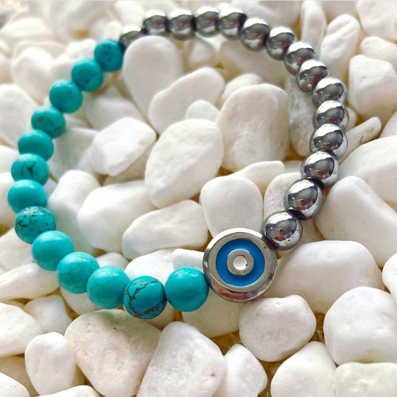 HALF AND HALF EYE BRACELET featuring genuine turquoise stones & silver hematites - Picture 1 of 2